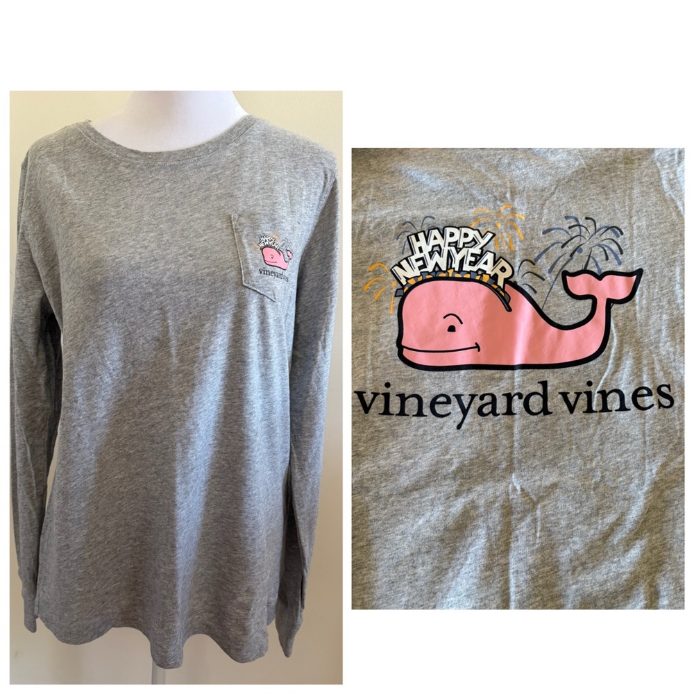 Vineyard Vines Gray Graphic Whale Happy New Year Long Sleeve Tee Shirt S…